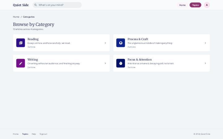 Quiet Side, Article Categories