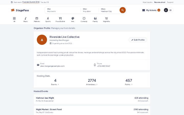 StagePass, Organizer Profile